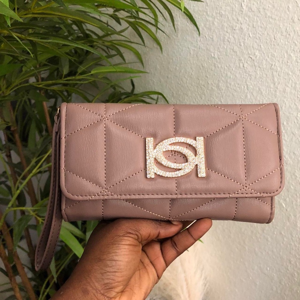 NWOT Bebe pink leather clutch wallet gold rhinestone pouch  wristlet cardholder